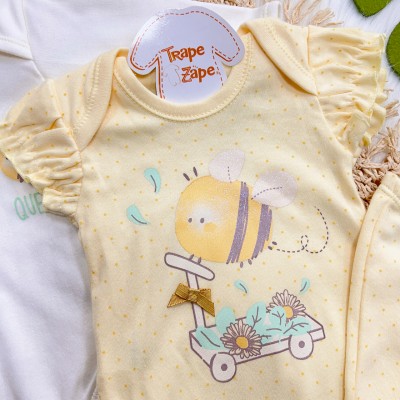 Conj. de Malha 3 Peças - Abelhinha Bem Me Quer - Amarelo e Off White